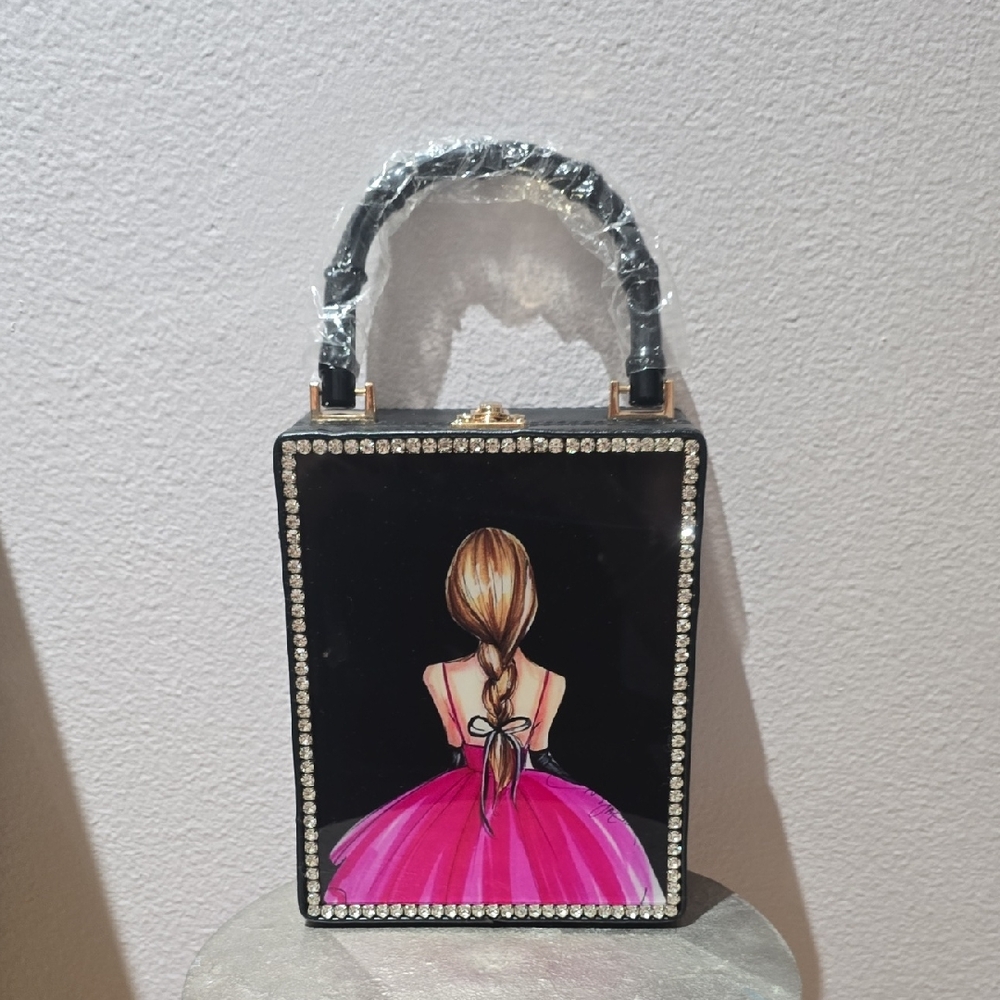 Stylish Black and Pink Clutch with Rhinestone Accents NEW